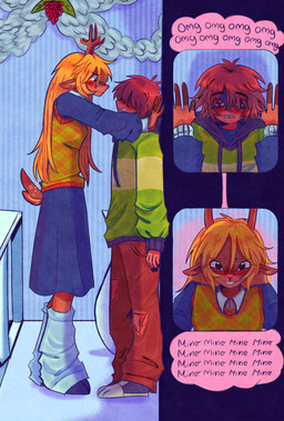 ambiguous_gender anthro antlers blonde_hair blush blush_lines bottomwear brown_body brown_fur brown_hair buckteeth clothing cloven_hooves duo eyebrow_through_hair eyebrows female female/ambiguous footwear fur hair hoodie hooves horn kabedon legwear long_hair red_eyes shoes skirt tail teeth text topwear translucent translucent_hair jellyf1shplanet deltarune undertale_(series) kris_dreemurr noelle_holiday cervine deer human mammal 2025 english_text hi_res