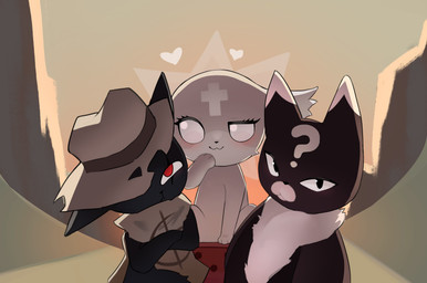 3_toes :3 :< ambiguous_anthro ambiguous_feral ambiguous_gender anthro aureola black_body black_ears black_eyes black_fur black_nose clothed clothing countershade_face countershade_fur countershade_torso countershading cowboy_hat cross crossed_arms desert detailed_background dice dipstick_ears ear_markings empty_eyes eye_scar eyelashes facial_markings facial_scar featureless_crotch feet feral forehead_markings front_view fur group hat head_markings headgear headwear heart_symbol hearts_around_head looking_at_viewer markings monotone_body monotone_fur multicolored_body multicolored_ears multicolored_fur muzzle_(marking) neck_tuft nude one_eye_obstructed outside paws pink_body pink_fur question_mark red_eyes scar sitting sky smile toes trio tuft two_tone_body two_tone_ears two_tone_fur white_body white_countershading white_ear_tips white_ears white_eyes white_fur white_markings piaopiao mewgenics gambit_(mewgenics) marshmallow_(mewgenics) zodiac_(mewgenics) domestic_cat felid feline felis mammal 2026 absurd_res colored digital_media_(artwork) hi_res shaded female_(lore) male_(lore)