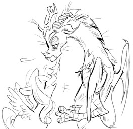 2_horns blush duo facial_hair female goatee horn male male/female romantic romantic_couple wings moocow friendship_is_magic hasbro my_little_pony mythology discord_(mlp) fluttershy_(mlp) chimera draconequus equid equine mammal mythological_creature mythological_equine pegasus monochrome