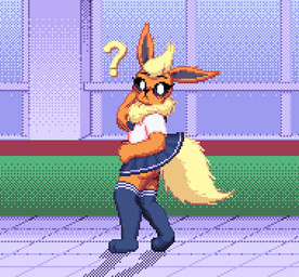 anthro anthrofied blush bottomwear clothed clothing cosplay costume female fur hair looking_at_viewer orange_body orange_fur panties pokemorph question_mark school_uniform shirt skirt solo tail topwear underwear uniform zeka10000 nintendo pokemon eeveelution flareon generation_1_pokemon pokemon_(species) digital_media_(artwork) pixel_(artwork)