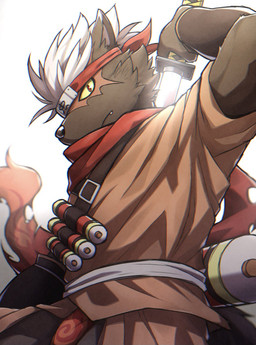 5_fingers anthro asian_clothing brown_body brown_fur bulge clothing east_asian_clothing fingers fur holding_object holding_weapon japanese_clothing katana looking_at_viewer male melee_weapon red_eyes solo sword weapon white_body white_fur yellow_sclera ponzu_tas lifewonders tokyo_afterschool_summoners tadatomo_(tas) canid canine canis domestic_dog mammal 2022 hi_res