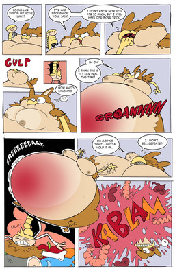 beak belly big_belly big_breasts blood bodily_fluids breasts duo explosion female gore huge_belly morbidly_obese obese oral_vore overweight speech_bubble text vore agouti-rex mythology avian gryphon human mammal mythological_avian mythological_creature 2014 comic english_text hi_res