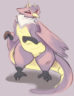 3_toes beak feathered_wings feathers feet female feral multicolored_body purple_body red_eyes solo standing toes tuft white_tuft wings yellow_body squaresville mythology avian bird dragon hybrid mythological_creature mythological_scalie scalie hi_res
