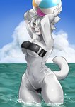 anthro big_breasts blush breasts cleavage clothed clothing female fur one-piece_swimsuit solo swimwear translucent translucent_clothing translucent_swimwear under_boob water wet white_body white_fur wide_hips sleepiness18 gris_swimsuit meme_clothing elma_(sleepiness18) felid mammal absurd_res hi_res meme