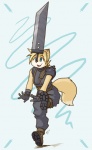 anthro balancing balancing_object balancing_on_nose blonde_hair blue_eyes buster_sword cosplay female hair melee_weapon short_hair solo sword tail weapon ajin final_fantasy final_fantasy_vii square_enix cloud_strife canid canine fox mammal