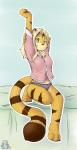 anthro clothed clothing female frilly frilly_clothing green_eyes looking_at_viewer membrane_(anatomy) pajamas panties smile solo stretching stripes underwear ketsa kara_(furryneko) felid mammal pantherine tiger absurd_res digital_media_(artwork) hi_res