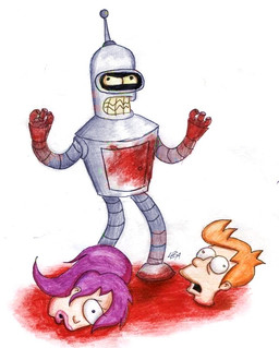 angry blood bodily_fluids death decapitation female gore group hair machine male orange_hair purple_hair severed_body_part severed_head trio violence leenakill comedy_central futurama philip_j._fry turanga_leela human humanoid mammal robot robot_humanoid