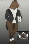 accessory animal_genitalia animal_penis anthro balls big_balls biped black_clothing black_jacket black_tie_(suit) black_topwear bodily_fluids bottomless bow_(feature) bow_tie brown_balls brown_body brown_eyes brown_hair brown_skin butler clothed clothing cum cutaway equine_genitalia equine_penis erection flaccid flared_penis garter genital_fluids genitals gloves hair hand_behind_back handwear hooves jacket ketchup_veins legwear male medial_ring necktie penis saggy_balls sheath shirt simple_background solo standing suit topwear towel tray vein veiny_balls veiny_legs veiny_penis white_clothing white_gloves white_handwear white_necktie white_shirt white_topwear wide_hipped_male wide_hips laser_(artist) equid equine horse mammal 2016 hi_res