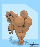 anthro areola bent_over bent_over_with_legs_held_straight big_breasts big_butt breasts brown_areola brown_body brown_fur brown_nipples butt curled_tail extended_arm feet_together female flower fur head_tuft head_turned huge_butt knock-kneed legs_together looking_at_viewer looking_back nipples nude plant purple_eyes solo straight_legs tail thick_thighs tuft thehoneybutter sprinkles_(thehoneybutter) canid canine canis domestic_dog mammal 2019