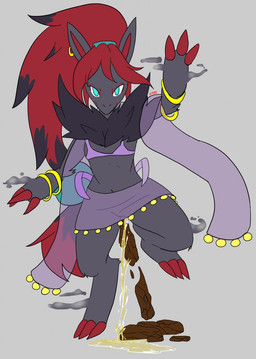 anthro arm_tuft armlet belly_dancer belly_dancer_outfit black_body black_fur black_hair blue_eyes bodily_fluids bra bracelet claws clothing ear_piercing ear_ring feces feces_on_ground feces_pile female female_peeing female_pooping finger_claws fur genital_fluids grey_background grey_body grey_fur hair jewelry long_hair looking_at_viewer navel on_one_leg peeing peeing_on_ground piercing pooping pooping_on_floor purple_bra purple_clothing purple_underwear red_body red_fur red_hair red_inner_ear ring_piercing scatplay shoulder_tuft simple_background solo standing toe_claws translucent translucent_clothing tuft underwear urine urine_on_ground urine_pool urine_stream watersports raveneevee nintendo pokemon generation_5_pokemon pokemon_(species) zoroark hi_res signature