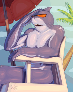 anthro chair eyewear furniture gills grey_body lifeguard male nude parasol sharp_teeth solo sunglasses teeth umbrella sacrificabominat epic_games fortnite safety_first_steve_(fortnite) aquatic fish shark absurd_res hi_res