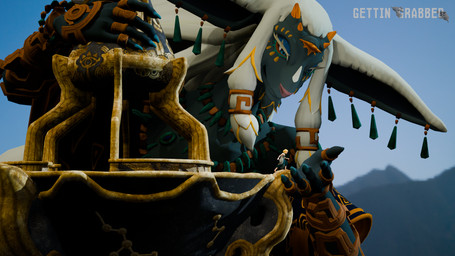5_fingers anthro claws clothed clothing dress duo extreme_size_difference female fingers gentle_giant hand_held helping helping_hand holding_character larger_anthro larger_male macro male male/female open_palm size_difference smaller_female smaller_human gettingrabbed nintendo tears_of_the_kingdom the_legend_of_zelda princess_zelda rauru_(tears_of_the_kingdom) human hylian mammal zonai 16:9 3d_(artwork) digital_media_(artwork) hi_res widescreen