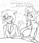 angry anthro big_breasts breast_envy breast_size_difference breasts clothed clothing duo eyewear female fur glasses hair huge_breasts looking_at_viewer simple_background small_breasts smile text callmewritefag monsters_wild super_fuck_friends catalina_gato monique_pussycat domestic_cat felid feline felis mammal 2022 digital_drawing_(artwork) digital_media_(artwork) english_text monochrome sketch