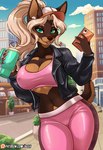 anthro athletic_wear baseball_cap big_breasts biped black_clothing black_jacket black_topwear blonde_hair blue_eyes bra breasts brown_body brown_fur cellphone city city_background clothing container countershade_face countershade_fur countershading cup detailed_background drinking_straw ear_piercing ear_ring electronics female fluffy fluffy_tail fur hair hat headgear headwear holding_cellphone holding_container holding_cup holding_object holding_phone jacket leather leather_clothing leather_jacket leather_topwear leggings legwear long_hair looking_at_viewer navel nipple_outline outside phone piercing pink_bra pink_clothing pink_leggings pink_sports_bra pink_underwear pointy_ears ponytail prick_ears ring_piercing small_waist smile smiling_at_viewer solo sports_bra tail text thick_thighs tight_clothing topwear underwear stainedglasslh rose_gold_(character) canid canine canis dobermann domestic_dog mammal pinscher 2024 digital_media_(artwork) hi_res url