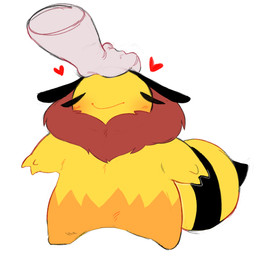 3_fingers ambiguous_gender antennae_(anatomy) anthro blush brown_body brown_fur chest_tuft chibi disembodied_hand fingers fur hand_on_head headpat heart_symbol narrowed_eyes nude simple_background smile solo standing stinger tuft white_background yellow_body yellow_fur hanaarts arthropod bee hymenopteran insect digital_media_(artwork)