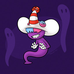 clothing covered_eyes ghost_tail gloves handwear hat headgear headwear purple_background purple_body sharp_teeth simple_background smile solo teeth wearing_hat white_clothing white_gloves white_handwear trevor-fox trevor-fox_(character) ghost shadow_siren spirit 1:1 hi_res