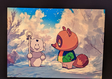 anthro bottomwear chibi clothing detailed_background outside pants sculpture slightly_chubby snow solo statue sweater topwear winter eiffelart animal_crossing nintendo tom_nook_(animal_crossing) canid canine mammal raccoon_dog tanuki 2020 hi_res