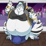 antenna_wire anthro balls belly big_balls big_belly big_breasts big_bulge big_feet big_penis billboard black_clothing black_stripes blue_hair bottomwear bracelet breasts building bulge chain city city_background claws clothed clothing denim denim_bottomwear denim_clothing denim_shorts digitigrade double_chin dripping fangs feet floor fluffy fur gem genitals green_eyes grey_penis gynomorph hair hand_on_leg hand_on_thigh hood hooded_jacket horn huge_penis humanoid_genitalia humanoid_penis hyper hyper_genitalia hyper_penis inside intersex jacket jeans jewelry long_hair looking_down markings morbidly_obese muscular navel night nipple_outline nipples obese overweight pants penis pink_nipples ring shirt shorts shoulder_pads sign skyscraper sleeveless_jacket smile solo striped_markings stripes teeth thick_thighs topwear vein wardrobe_malfunction white_body white_fur wide_hips window wood wood_floor sv3n guild_wars charr felid mammal 1:1 absurd_res hi_res