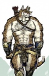 abs anthro armor balls biceps big_muscles body_hair bracers chest_hair clothing flaccid foreskin genitals huge_muscles humanoid_genitalia humanoid_penis ineffective_clothing male manly muscular muscular_anthro muscular_male obliques partially_retracted_foreskin pecs penis quads solo unconvincing_armor weapon aokamidu microsoft the_elder_scrolls felid khajiit mammal 2012