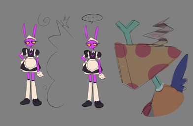 anthro bored clothed clothing crossdressing duo ellipsis eyelashes eyeshadow gloves hand_on_hip handwear heart_symbol long_eyelashes looking_at_another looking_away maid_headdress maid_uniform makeup male speech_bubble uniform white_clothing white_gloves white_handwear yellow_sclera karnthud glitch_productions the_amazing_digital_circus bazooble_(tadc) jax_(tadc) humanoid lagomorph leporid living_toy mammal rabbit 2026 hi_res nonbinary_(lore)