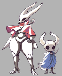 2_horns alternate_form ambiguous_gender arthropod_abdomen biped black_eyes blue_cloak blue_clothing cloak clothed clothing duo empty_eyes featureless_crotch female grey_background hand_on_hip horn melee_weapon nail_(weapon) red_cloak red_clothing simple_background standing weapon weapon_on_back wide_hips caliginous hollow_knight_(franchise) team_cherry hornet_(hollow_knight) the_knight_(hollow_knight) arthropod vessel_(species) 2025 hi_res half_sister_(lore) sibling_(lore) sister_(lore)