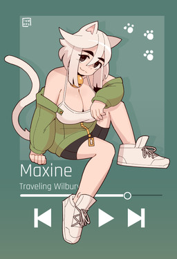 :3 big_breasts black_eyes bottomwear breasts cleavage clothed clothing female footprint footwear hair jacket looking_at_viewer pawprint shoes short_hair shorts sitting smile smiling_at_viewer solo tail text topwear white_hair low_res_art maxine_(the_sleepy_ghost) animal_humanoid cat_humanoid felid felid_humanoid feline feline_humanoid humanoid mammal mammal_humanoid hi_res signature