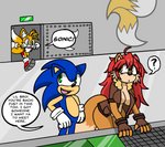 anthro bottomless canid canine clothed clothing darkwolfhybrid dialogue english_text eulipotyphlan fan_character female fox gloves group hair handwear hedgehog hi_res male mammal melina_fox miles_prower question_mark red_hair running sega sonic_the_hedgehog sonic_the_hedgehog_(series) text