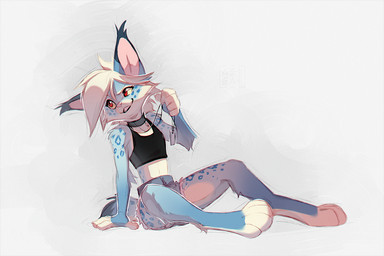 anthro arm_support black_clothing black_collar black_crop_top black_shirt black_topwear blue_body blue_fur blue_spots bottomwear cheek_tuft clothing collar crop_top eyebrows facial_tuft female fur hair holding_object jewelry looking_away markings necklace pink_nose red_eyes shirt short_hair short_tail shorts simple_background sitting smile solo spots spotted_body spotted_fur spotted_markings tail tan_markings topwear tuft white_eyebrows white_hair yellow_sclera azzai felid feline lynx mammal 2025 3:2 colored colored_sketch digital_drawing_(artwork) digital_media_(artwork) shaded sketch