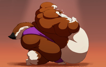 anthro belly big_belly big_butt bodybuilder_competition brown_body brown_fur butt clothing flexing fur male morbidly_obese musclegut muscular obese overweight overweight_anthro overweight_male purple_clothing purple_speedo purple_swimwear smile solo sparkles speedo standing swimwear silver-stag brett_(bigbadbrett) canid canine canis mammal wolf 2023 hi_res