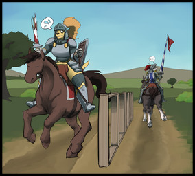 anthro armor black_border border clothing confusion duo embarrassed female feral field galloping jousting lance melee_weapon panties plant plate_armor polearm question_mark riding saddle shield sky sweatdrop_(iconography) tree underwear weapon revertigo amelia_steelheart jaclyn_(revertigo) canid canine canis domestic_dog equid equine horse mammal wolf hi_res