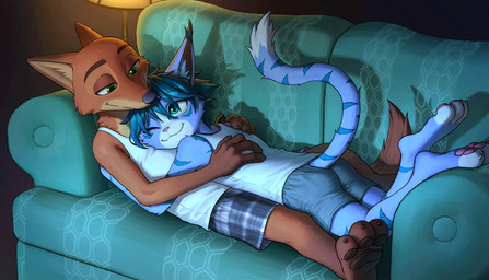 3_toes 4_fingers anthro anthro_on_anthro arm_markings back_markings bangs barefoot bottomwear butt calves_up canon_x_oc cheek_tuft claws closed_smile clothed clothed_anthro clothed_male clothing countershade_face countershade_fur countershade_neck countershading cuddling dipstick_tail duo ear_tuft eye_markings eyebrow_through_hair eyebrows facial_markings facial_tuft feet finger_claws fingers fully_clothed fully_clothed_anthro fully_clothed_male fur fur_markings fur_tuft furgonomic_bottomwear furgonomic_shorts furgonomics furniture gloves_(marking) hair hair_between_eyes half-closed_eyes hand_on_another's_back hand_on_another's_shoulder hand_on_back hand_on_shoulder happy head_markings hindpaw humanoid_heel inner_ear_fluff interspecies iris lamp leg_markings light long_tail looking_at_another looking_at_partner lying lying_on_another lying_on_sofa male male/male male_anthro markings monotone_bottomwear monotone_clothing monotone_hair monotone_shirt monotone_shorts monotone_tank_top monotone_topwear mouth_closed multicolored_body multicolored_bottomwear multicolored_clothing multicolored_fur multicolored_shorts narrowed_eyes on_back on_front on_sofa one_eye_closed pawpads paws pupils raised_tail romantic romantic_ambiance shadow shirt short_hair shorts side_view slim slim_anthro slim_male small_butt smile snout socks_(marking) sofa striped_body striped_fur striped_markings striped_tail stripes tail tail_clothing tail_markings tank_top toe_claws toeless_(marking) toes topwear translucent translucent_hair tuft two_tone_bottomwear two_tone_clothing two_tone_shorts nyeong disney zootopia nick_wilde canid canine domestic_cat felid feline felis fox mammal red_fox true_fox digital_media_(artwork) hi_res lighting shaded