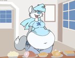 anthro belly big_belly blue_clothing blue_eyes blue_hair blue_shirt blue_topwear bottomwear breasts clothing denim denim_bottomwear denim_clothing female food gloves hair handwear inside jeans overweight pants shirt simple_background solo topwear virus-20 wendy_wolf_(virus-20) canid canine canis mammal wolf 2023