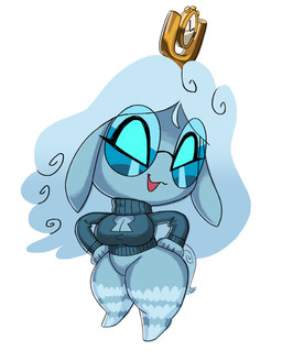 anthro blue_body blue_clothing blue_eyes blue_hair blue_skin blue_sweater blue_topwear bottomless breasts chibi cleavage clock clothed clothing cropped_sweater eyewear featureless_crotch female glasses hair hand_on_hip hooves long_ears no_pupils round_glasses simple_background smile solo sweater tail thick_thighs topwear turtleneck white_background wide_hips torradinhafeliz lua_roxa christine_butterscotch bovid caprine mammal sheep absurd_res hi_res