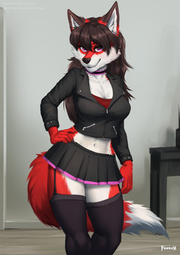 anthro bottomwear brown_hair choker claws clothing cocked_hip collar cropped_jacket exposure_variation female finger_claws fluffy fluffy_tail fur hair hand_on_hip inner_ear_fluff inside jacket jewelry legwear looking_at_viewer miniskirt multicolored_body multicolored_fur necklace pink_eyes purple_eyes red_body red_fur skirt solo stockings tail topwear tuft foxovh maria_ramirez canid canine fox mammal 2023 hi_res