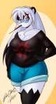 anthro big_breasts black_body black_fur black_hair black_nose bottomwear breasts chest_tuft cleavage clothed clothing curvy_figure eyewear facial_markings female fur glasses hair head_markings huge_breasts long_hair looking_at_viewer markings multicolored_hair red_eyes shirt shorts slightly_chubby solo thick_thighs topwear tuft two_tone_hair voluptuous white_body white_fur white_hair wide_hips mastergodai las_lindas cocoa_(las_lindas) bear giant_panda mammal 2013 hi_res