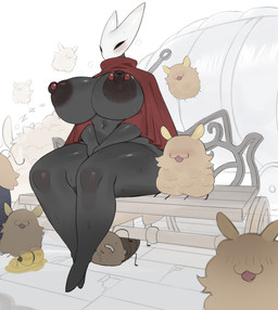 ambiguous_gender anthro areola barbell_piercing big_breasts biped black_body blush blush_lines bodily_fluids breasts cape clothing eyelashes female female_anthro group huge_breasts long_eyelashes male navel nipple_dip nipple_piercing nipples non-mammal_nipples piercing red_cape red_clothing sitting substance_intoxication sweat sweatdrop sweaty_breasts thick_thighs jingzhou14848 hollow_knight:_silksong hollow_knight_(franchise) team_cherry hornet_(hollow_knight) kratt_(hollow_knight:_silksong) arachnid arthropod flea_(hollow_knight:_silksong) spider 2026 absurd_res hi_res