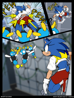 anthro backpack bottomwear city clothing crop_top crossgender eyelashes female footwear gloves grin group handwear machine mtf_crossgender onomatopoeia outside shirt shoes shorts smile sneakers socks sound_effects tail text topwear justtaylor sega sonic_the_hedgehog_(series) sonic_the_hedgehog badnik buzzbomber eulipotyphlan hedgehog mammal 3:4 absurd_res comic english_text hi_res
