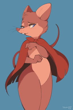 4_fingers anthro black_whiskers blue_background blue_eyes bow_(feature) brown_body brown_fur buckteeth cape cheek_tuft cloak cloak_only clothed clothing countershade_face countershade_torso countershading eyebrows eyelashes facial_tuft featureless_chest featureless_crotch female fingers fist flat_chested fur head_tuft looking_at_another looking_away mouse_tail open_mouth outline partially_clothed raised_arm raised_arms rodent_tail semi-anthro simple_background solo standing teeth text tuft whiskers wide_hips conditional_dnp tohupo don_bluth the_secret_of_nimh mrs._brisby mammal mouse murid murine rodent wood_mouse 2023 absurd_res artist_name dated digital_media_(artwork) hi_res portrait three-quarter_portrait