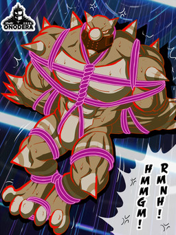 abs anthro bdsm bondage bound brown_body bulge cross-popping_vein featureless_crotch gag gagged male muscular muscular_anthro muscular_male null_bulge pecs restraints rope rope_bondage rope_harness solo onodera bandai_namco digimon digimon_beatbreak digimon_(species) gigasmon hi_res
