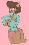 anthro arm_under_breasts arms_bent big_breasts biped black_eyebrows black_eyes black_nose blue_clothing blue_dress_shirt blue_shirt blue_topwear breasts brown_body brown_fur brown_hair button_(fastener) cleavage closed_smile clothed clothed_anthro clothed_female clothing curved_eyebrows dress_shirt eyebrow_through_hair eyebrows eyelashes female fingers full_cleavage fur glistening glistening_eyes hair hand_on_breast hand_on_own_breast huge_breasts humanoid_hands inner_boob iris looking_at_viewer mouth_closed nipple_outline no_pupils outline panties pink_background pink_clothing pink_panties pink_underwear pointy_ears pose prick_ears shirt short_hair simple_background small_nose smile smiling_at_viewer solo standing straight_legs tail tan_inner_ear thick_thighs thin_eyebrows three-quarter_view topwear translucent translucent_hair underwear white_outline gold-white-kott hanna-barbera swat_kats abby_sinian domestic_cat felid feline felis mammal 2023 colored digital_drawing_(artwork) digital_media_(artwork) hi_res pinup portrait three-quarter_portrait