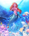 blue_body blue_eyes blue_scales breasts clothed clothing detailed_background female fin genitals hair long_hair looking_at_viewer navel nipples nude pussy red_hair scales sea small_breasts smile solo split_form tail tail_fin text topless tropical underwater visible_ribs water amauryworks ruby_gillman_teenage_kraken chelsea_van_der_zee angelfish anthozoan clownfish cnidarian coral fish humanoid marine merfolk pomacentrid tomato_anemonefish absurd_res hi_res url