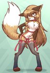 4_toes abstract_background anthro arm_tuft big_tail brown_body brown_fur brown_hair brown_nose chest_tuft clothed clothing collar crotch_tuft digitigrade dipstick_tail ear_tuft feet female female_anthro fur garter_belt garter_straps gloves_(marking) green_background green_eyes hair hand_on_butt hand_on_leg leaning leaning_forward leg_markings leg_tuft leg_warmers legwear lingerie long_hair looking_at_viewer markings multicolored_body multicolored_fur orange_body orange_fur panties print_clothing print_leg_warmers print_legwear raised_tail shadow simple_background smile socks_(marking) solo standing tail tail_markings toes topless translucent translucent_clothing translucent_legwear tuft underwear white_body white_fur wide_hips conditional_dnp thighlordash averi_(fiddleafox) canid canine fox mammal red_fox true_fox