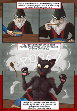 age_regression anthro beard black_body black_fur breasts crossgender elderly facial_hair featureless_breasts female fur gender_transformation human_to_anthro inner_ear_fluff male medium_breasts mtf_transformation mustache pawpads poof_effect shocked solo species_transformation text text_box transformation tuft white_inner_ear_fluff yellow_eyes sorrowcream king's_quest manannan_(king's_quest) domestic_cat felid feline felis human mammal absurd_res comic english_text hi_res