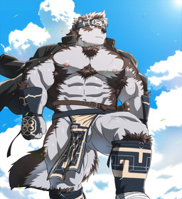 abs accessory anthro armpit_hair armwear balls barely_visible_balls barely_visible_genitalia blue_sky body_hair bottomwear bulge casual_exposure chest_tuft clothing cloud coat_cape fist fur genitals grey_body grey_fur headband ineffective_clothing ineffective_loincloth jacket legwear loincloth male muscular muscular_anthro muscular_male nipples pecs pink_nipples shin_guards sky solo topwear tuft wraps yellow_eyes rossciaco lifewonders tokyo_afterschool_summoners horkeu_kamui_(tas) canid canine canis mammal wolf hi_res