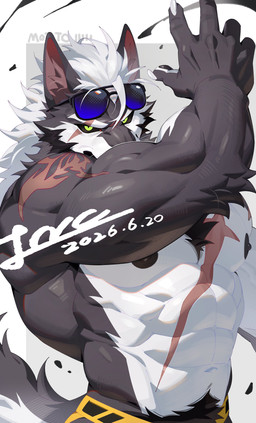 abdominal_scar abs anthro biceps black_facial_hair chest_scar claws clothing eye_scar eyewear eyewear_on_head facial_hair facial_scar finger_claws forearm_muscles fur grey_body grey_fur hair jockstrap looking_at_viewer male multicolored_body multicolored_fur muscular muscular_anthro muscular_male navel nipples obliques pawpads pecs scar shoulder_scar solo sunglasses sunglasses_on_head tail triceps two_tone_body two_tone_fur underwear wearing_sunglasses white_body white_fur white_hair yellow_clothing yellow_jockstrap yellow_underwear forgetch motto_(motto_0620) canid canine canis mammal wolf 2026 absurd_res dated hi_res signature