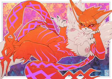anthro areola arm_tuft armor bangs barely_visible_genitalia barely_visible_vulva beckoning big_breasts breasts chest_tuft claws curvy_figure facial_markings female fluffy fur genitals gesture glowing glowing_markings hair hand_on_cheek head_markings looking_at_viewer lying markings multicolored_body multicolored_fur navel nipples nude on_side orange_body orange_fur pink_areola pink_nipples red_sclera shoulder_tuft simple_background smile solo striped_body stripes thick_thighs tuft unusual_eyes vulva white_body white_fur wide_hips genso-x bandai_namco digimon digimon_ghost_game digimon_(species) felid feline mammal meicrackmon_vicious_mode 2022 absurd_res alternate_version_at_source digital_drawing_(artwork) digital_media_(artwork) digital_painting_(artwork) hi_res painting_(artwork)