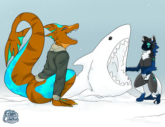 ambiguous_gender anthro clothing duo fangs jacket machine open_mouth sitting snow snow_sculpture teeth topwear eclairscollection aquatic fish protogen shark