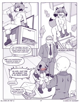anthro bald blush boss_and_employee breasts business_suit clothed clothed_anthro clothed_female clothed_male clothing covering covering_face crossed_arms dialogue embarrassed exhibitionism eyewear female footwear footwear_only glasses group hair male mostly_nude nipples open_mouth open_smile photocopier photocopying_butt public public_nudity scolding secretly_loves_it shoes shoes_only sitting smile speech_bubble suit tail tail_motion tailwag text trio unprofessional_behavior high5art brand_new_animal studio_trigger barbara_rose koichi_ishizaki michiru_kagemori canid canine human mammal raccoon_dog tanuki comic english_text hi_res monochrome spot_color