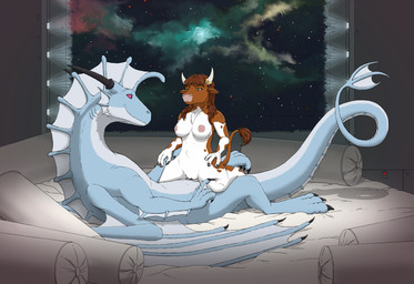 anthro duo female male male/female eriada1992_(artist) blizzard_entertainment mythology warcraft eriada karukuji_(character) bovid bovine dragon mammal mythological_creature mythological_scalie scalie tauren hi_res