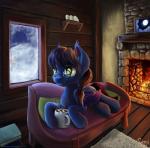 blue_body blue_fur cutie_mark detailed_background eyewear female feral fur glasses hooves solo window yellow_eyes nemo2d hasbro my_little_pony fan_character bat_pony equid mammal digital_media_(artwork) digital_painting_(artwork) hi_res painting_(artwork)